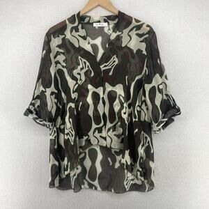 GIGI MODA Blouse L Sheer Silk Chiffon Tunic Camo Roll Tab Sleeve Green Italy